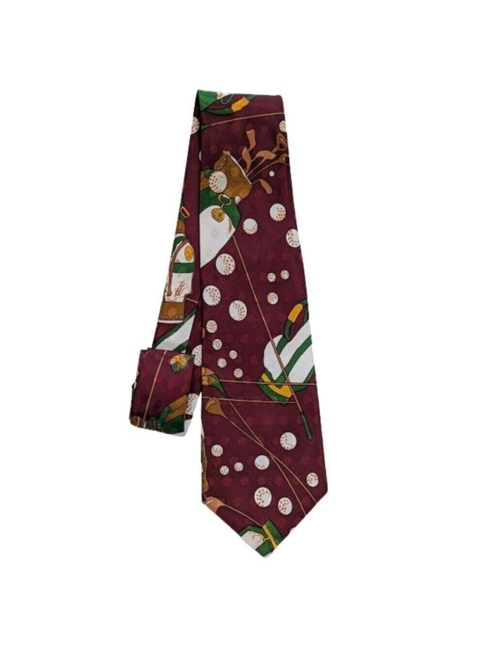 FloRence & K Silk Golf Print Tie Burgundy Green White Polo Sports Classic 59"